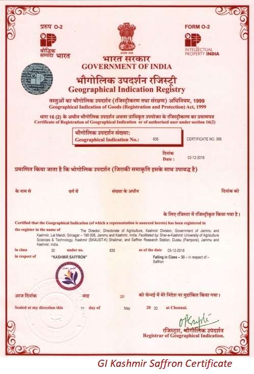 GI Kashmir Saffron Certificate